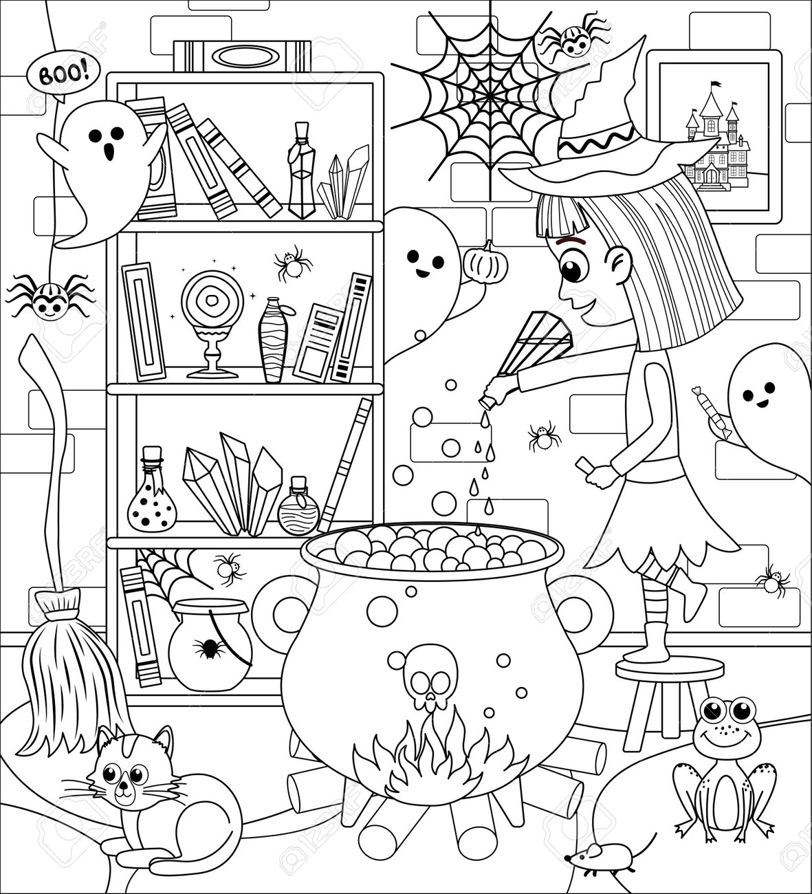 Coloring page witch is preparing potion in big cauldron halloween black and white vector royalty free svg cliparts vectors and stock illustration image