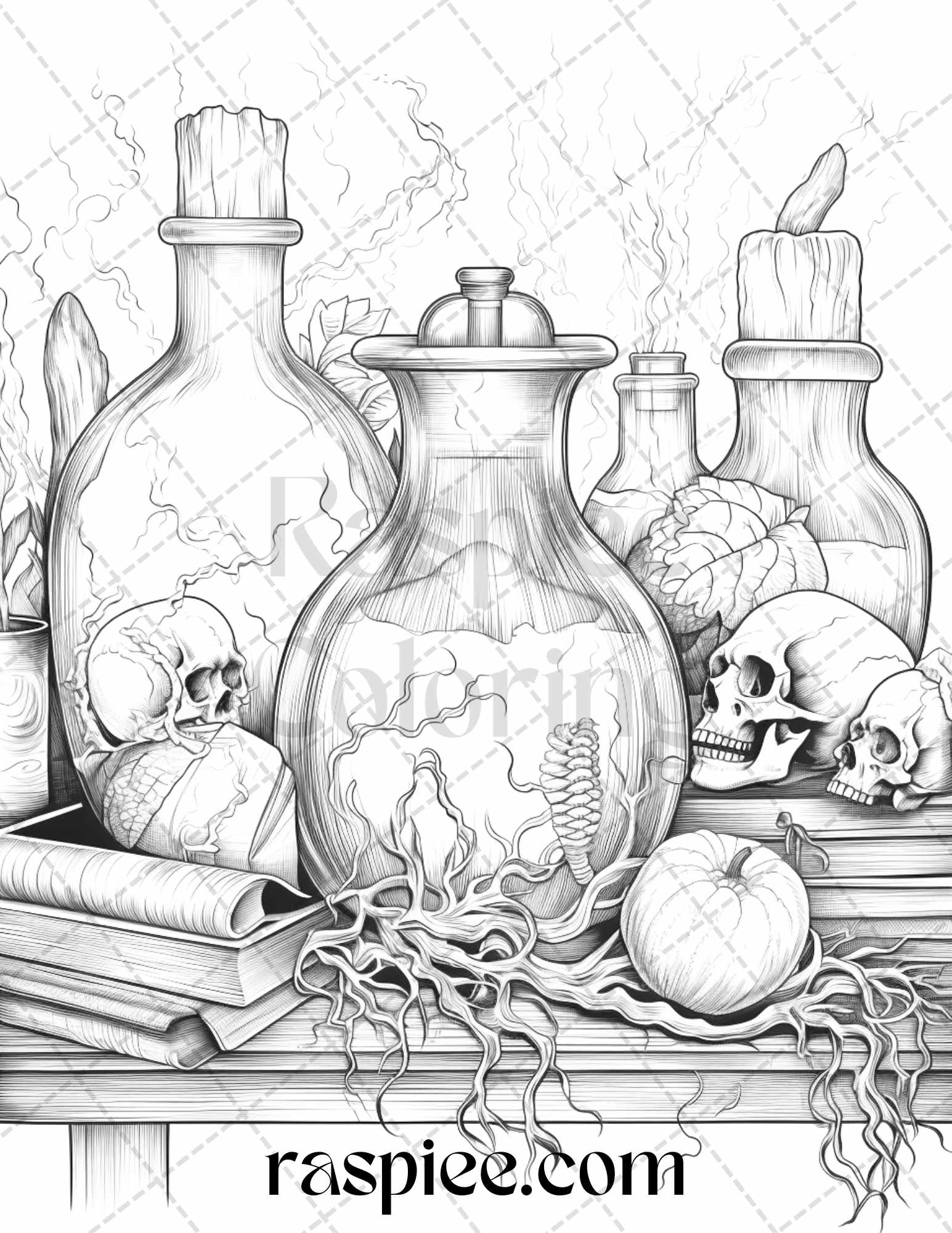 Mystical magic potions grayscale coloring pages printable for adult â coloring