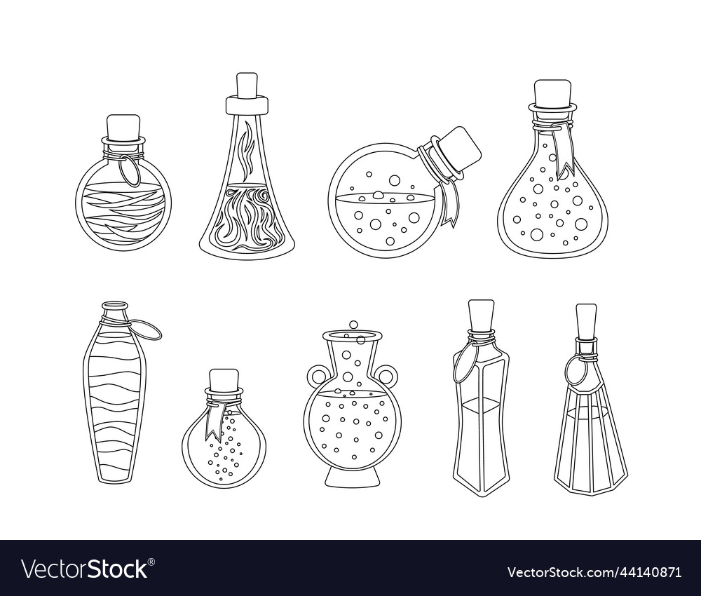 Bottles with potion coloring book black and white vector image