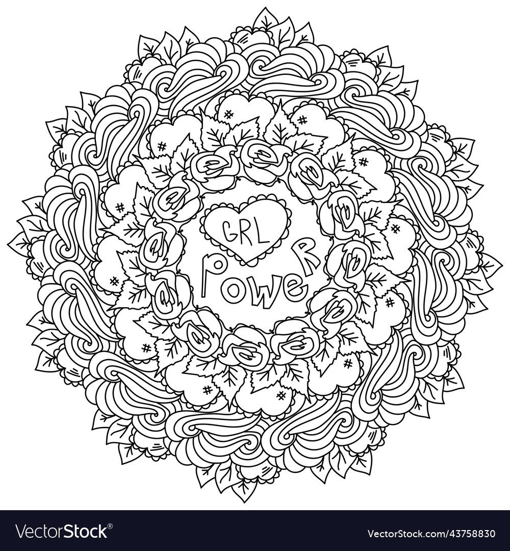 Girl power mandala outline coloring page vector image