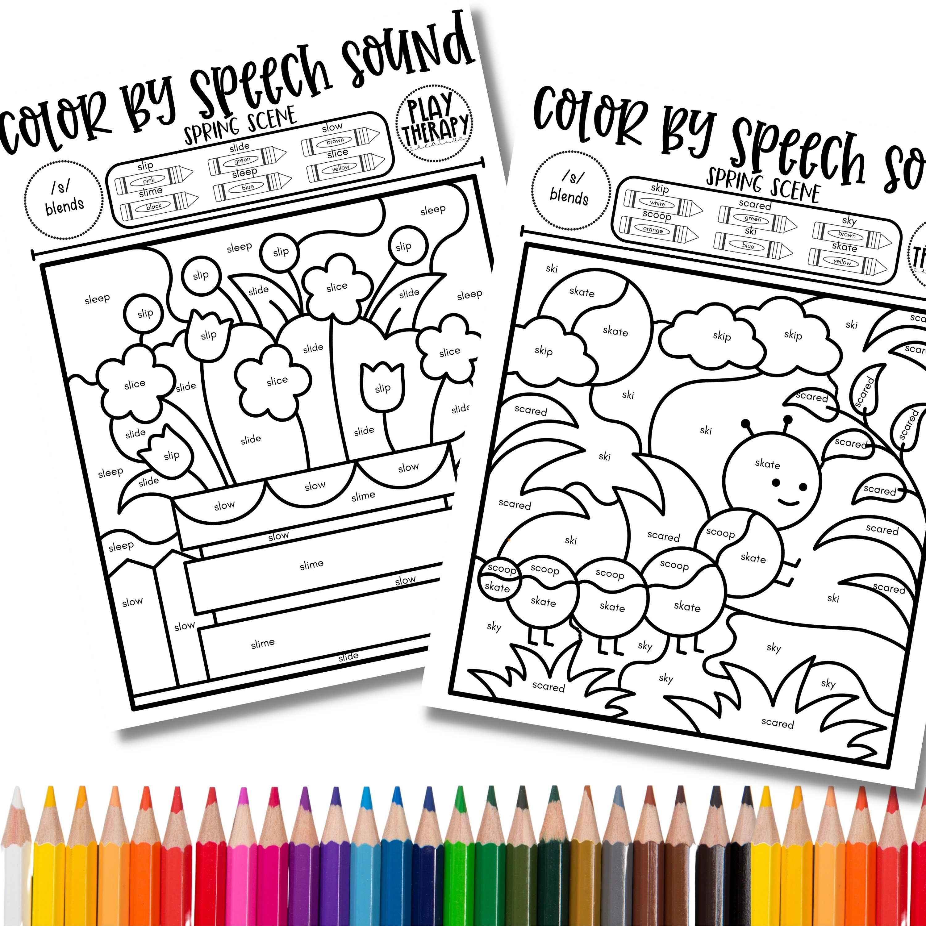 Set of s blends sound spring themed coloring pages for speech therapy articulation practice speech sound worksheet instant download