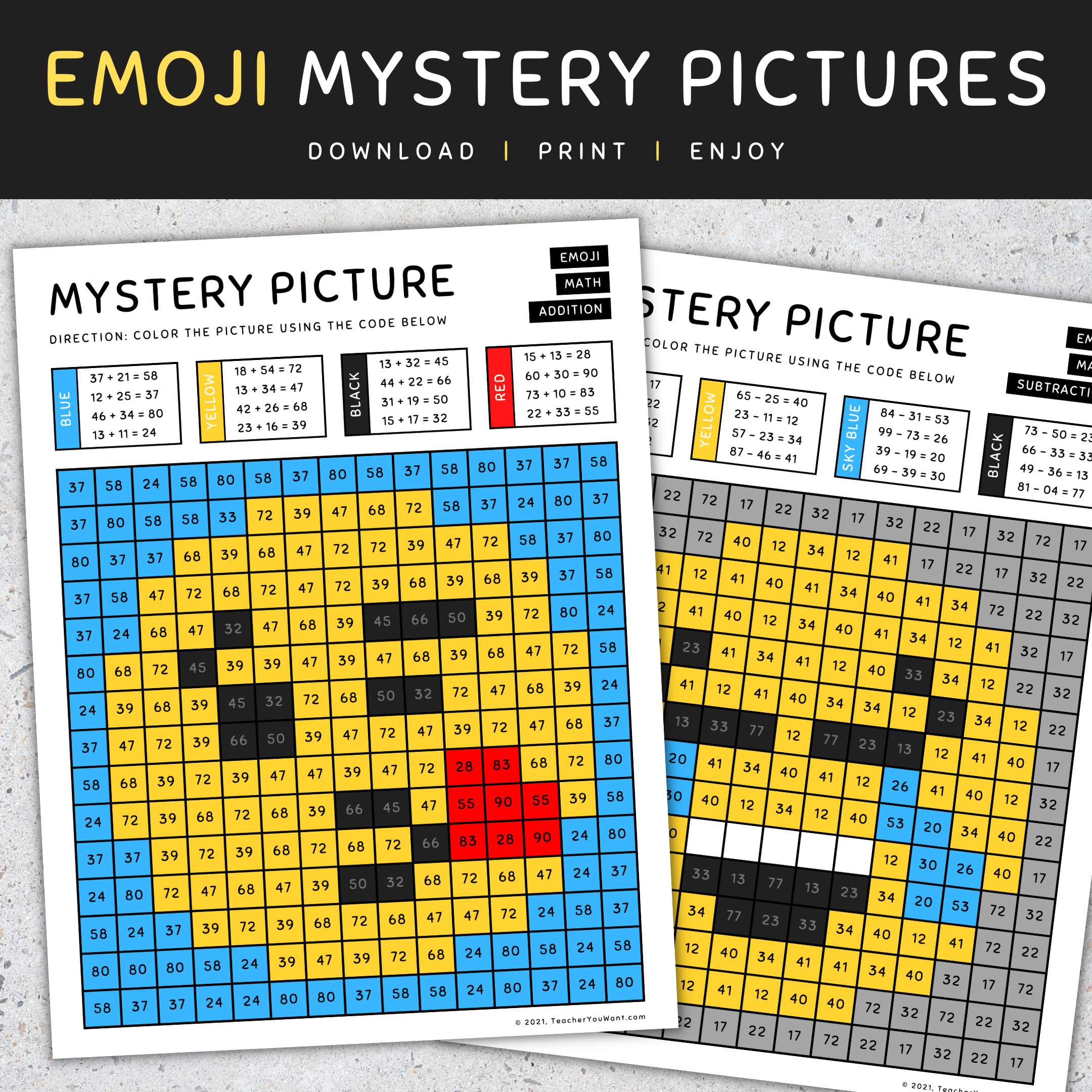 Emoji mystery picture color by number addition and subtraction made by teachers