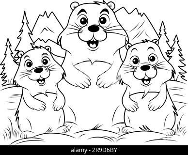 Groundhog day coloring page coloring book family of beavers on the background of nature stock vector image art