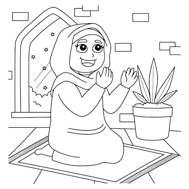 Premium vector ramadan muslim girl praying coloring page for kids