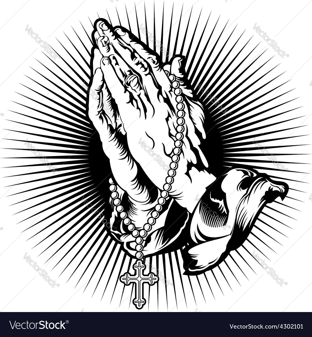 Praying hands with rosary and shining tattoo vector image