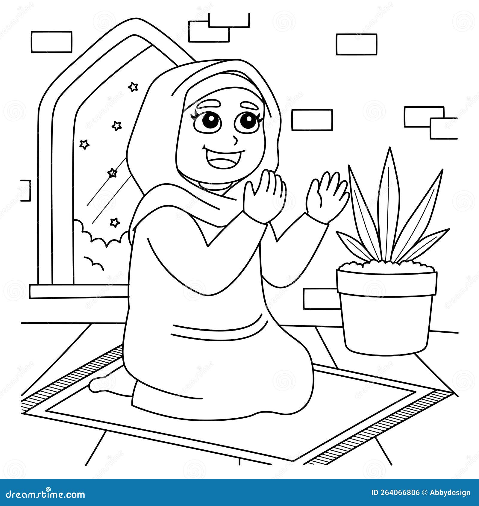 Ramadan muslim girl praying coloring page for kids stock vector