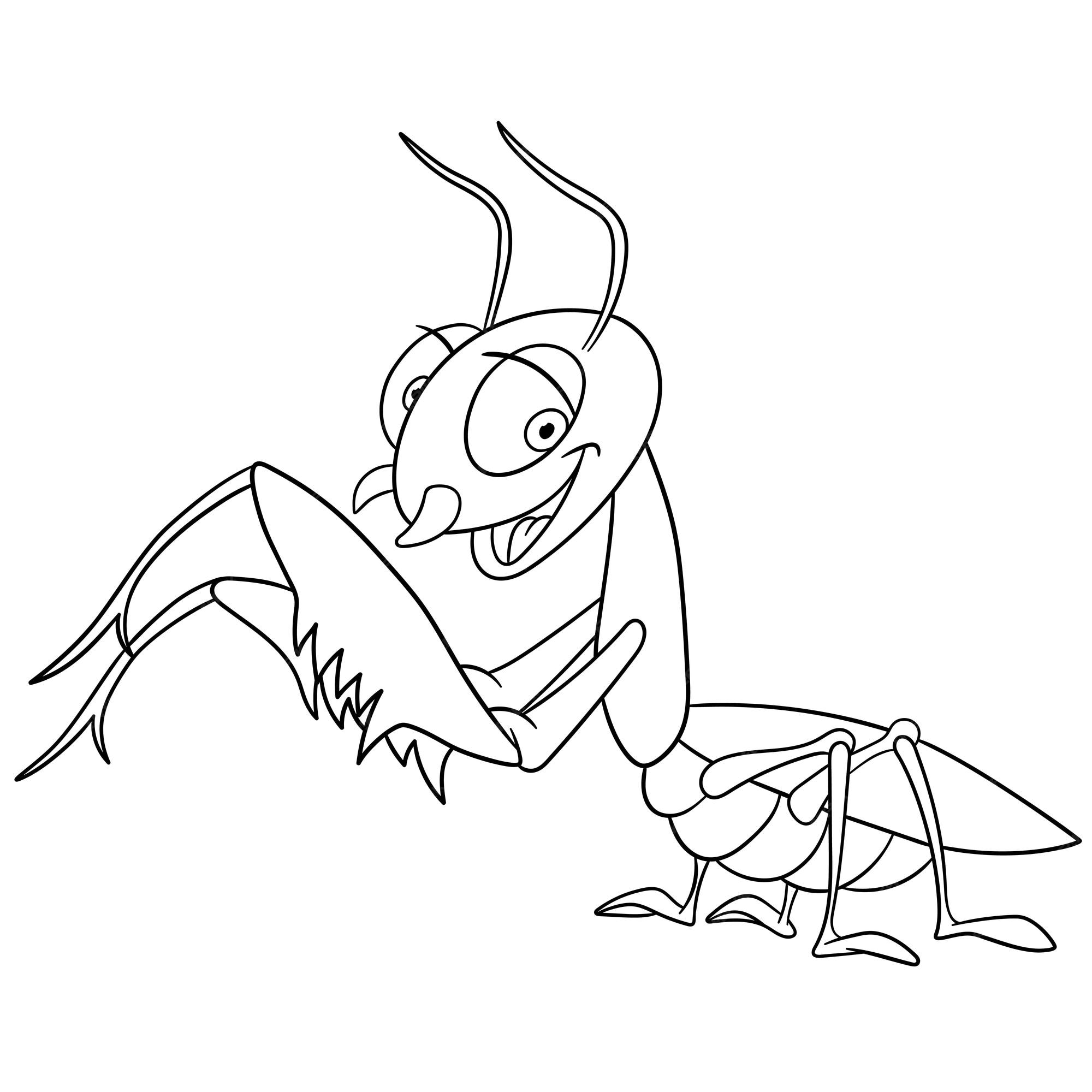 Premium vector cute happy praying mantis cartoon coloring book page for kids