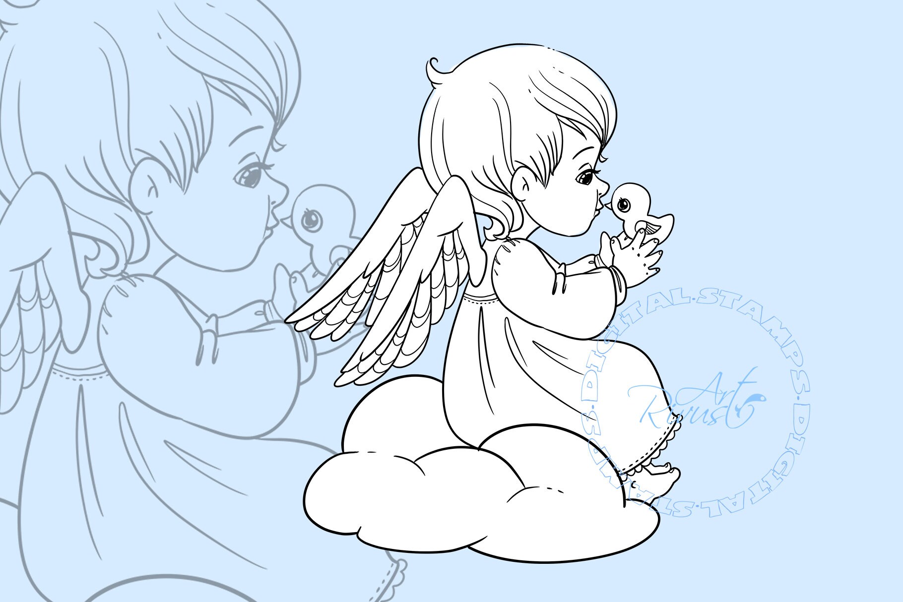 Christmas angel digital stamp png coloring page angel girl graphics digi stamp baby prayer wings star magical christmas clipart