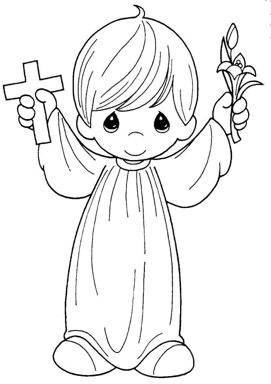 Online coloring pages coloring page boy with cross and flowers guardian angel download print coloring page