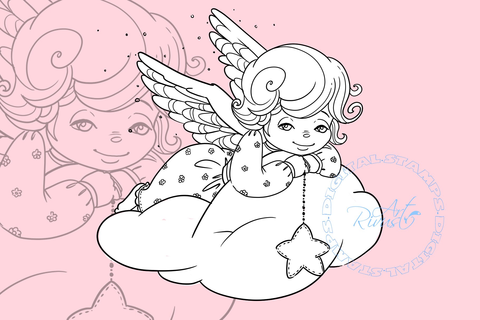 Christmas angel digital stamp png coloring page angel girl graphics digi stamp baby prayer wings star magical christmas clipart