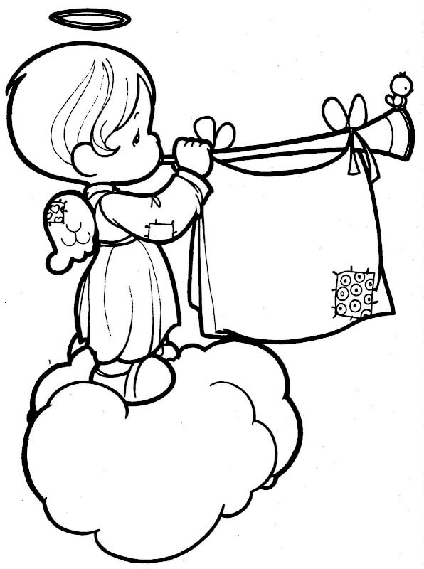 Baby angel on a cloud with a trumpet coloring page