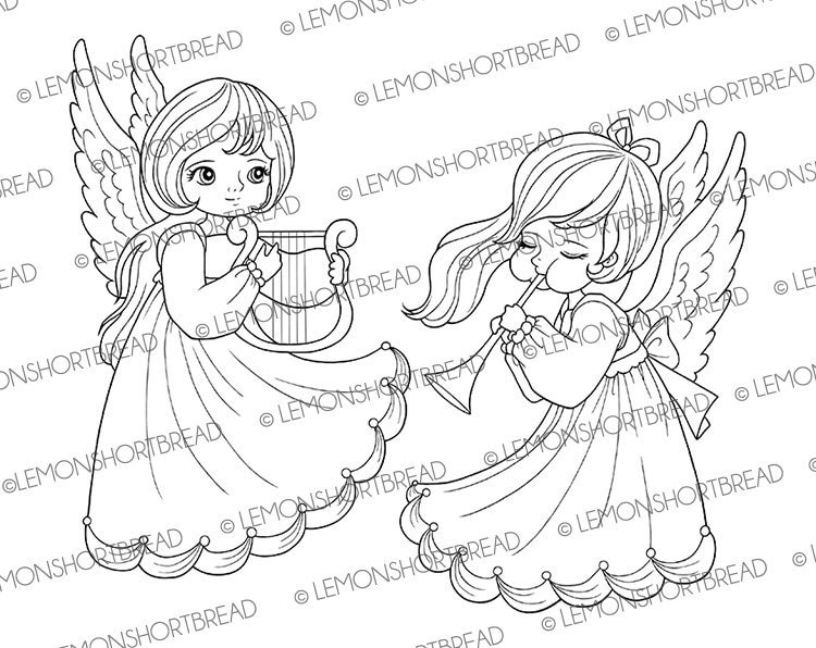 Digital stamp angel music digi christmas best wishes baptism happy birthday harp lyre coloring page scrapbooking