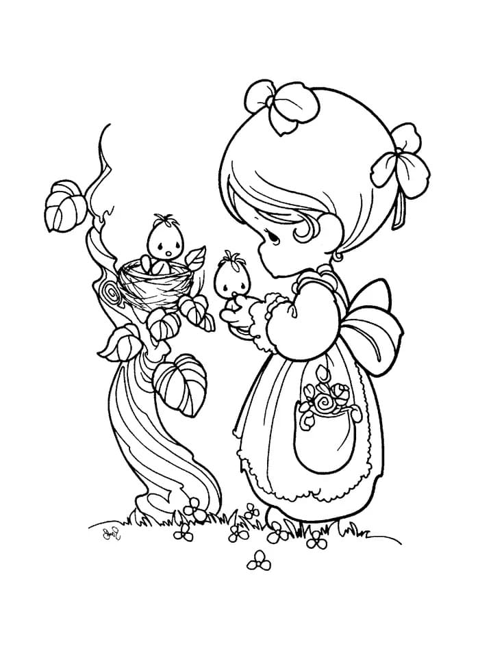 Precious moments girl and baby birds coloring page