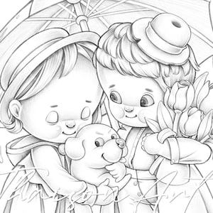 Between raindrops cute grayscale coloring pages for adults and kids printable coloring pages adult valentine day love couple boy and girl