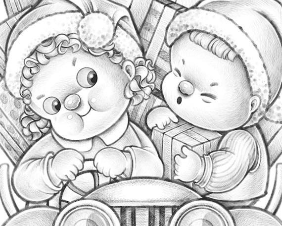 Care for a ride cute boy and girl coloring page grayscale christmas coloring page for adults and kids funny gifts car toys decoration instant download