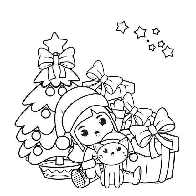 Premium vector christmas coloring book with cute girl