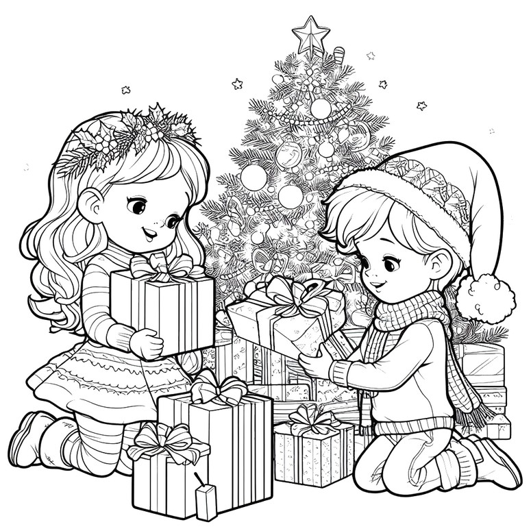 Coloring page christmas tree children opening their gifts