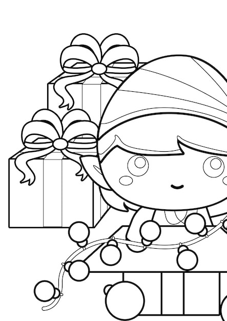 Premium vector cute christmas elf kids cartoon holiday coloring pages for kids and adult activity