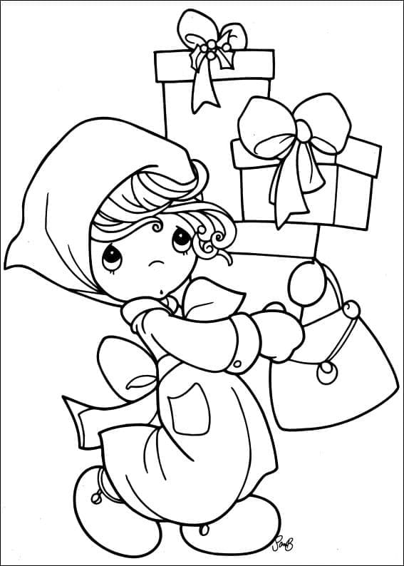 Precious moments girl and presents coloring page