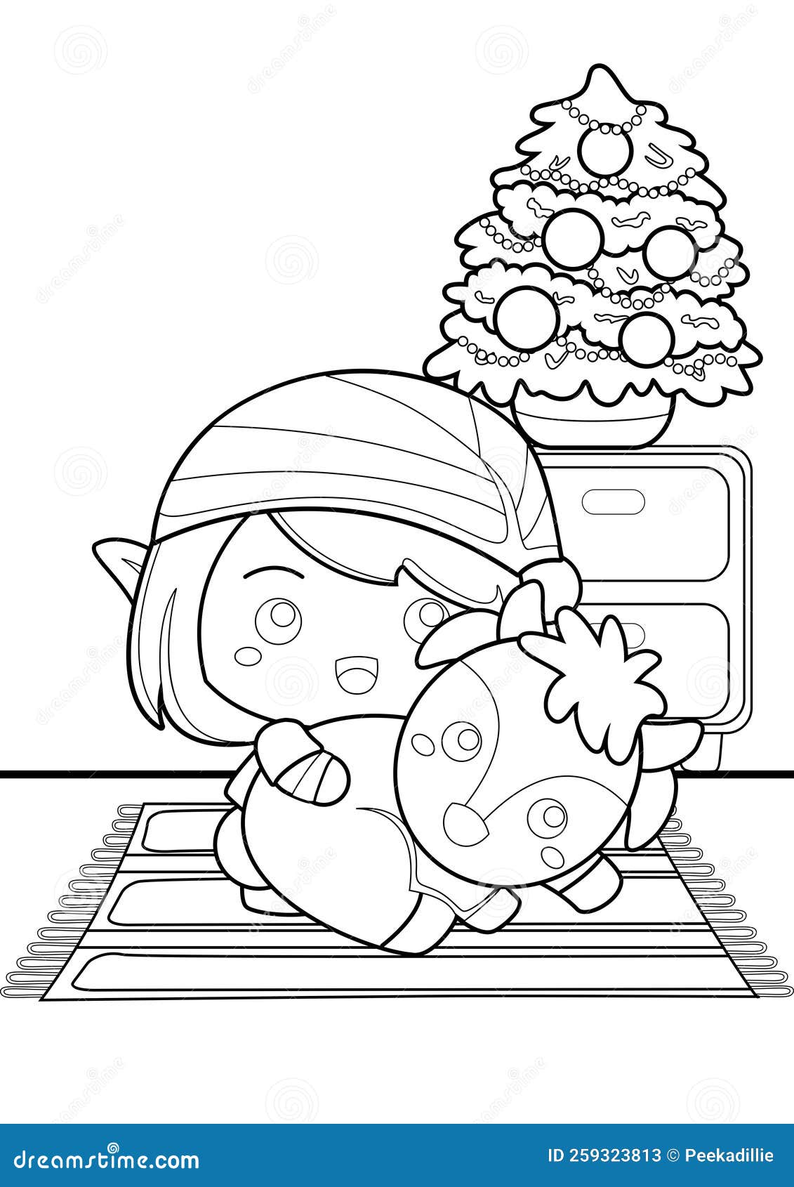 Cute christmas elf coloring pages a for kids and adult stock illustration