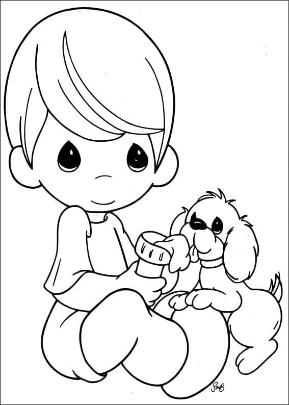 Precious moments boy and puppy coloring page