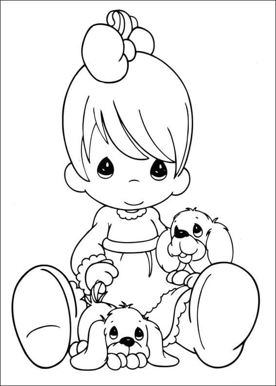 Precious moments girl and puppy coloring page