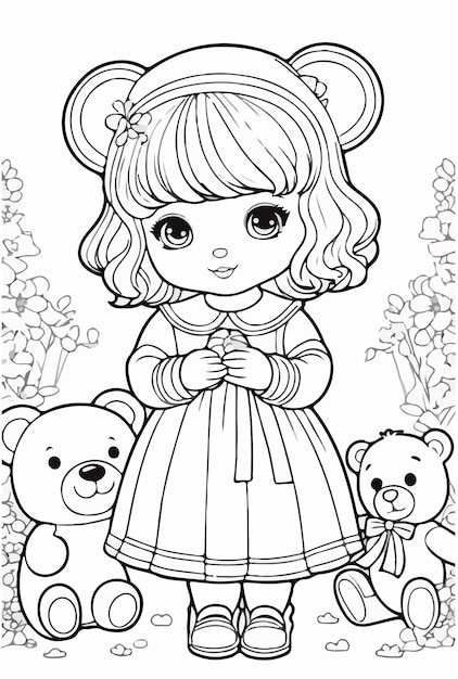 Premium vector coloring book vector pictures of little girls and cute teddy bears