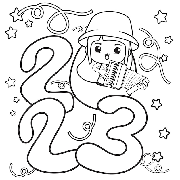 Premium vector happy new year coloring book with cute girl