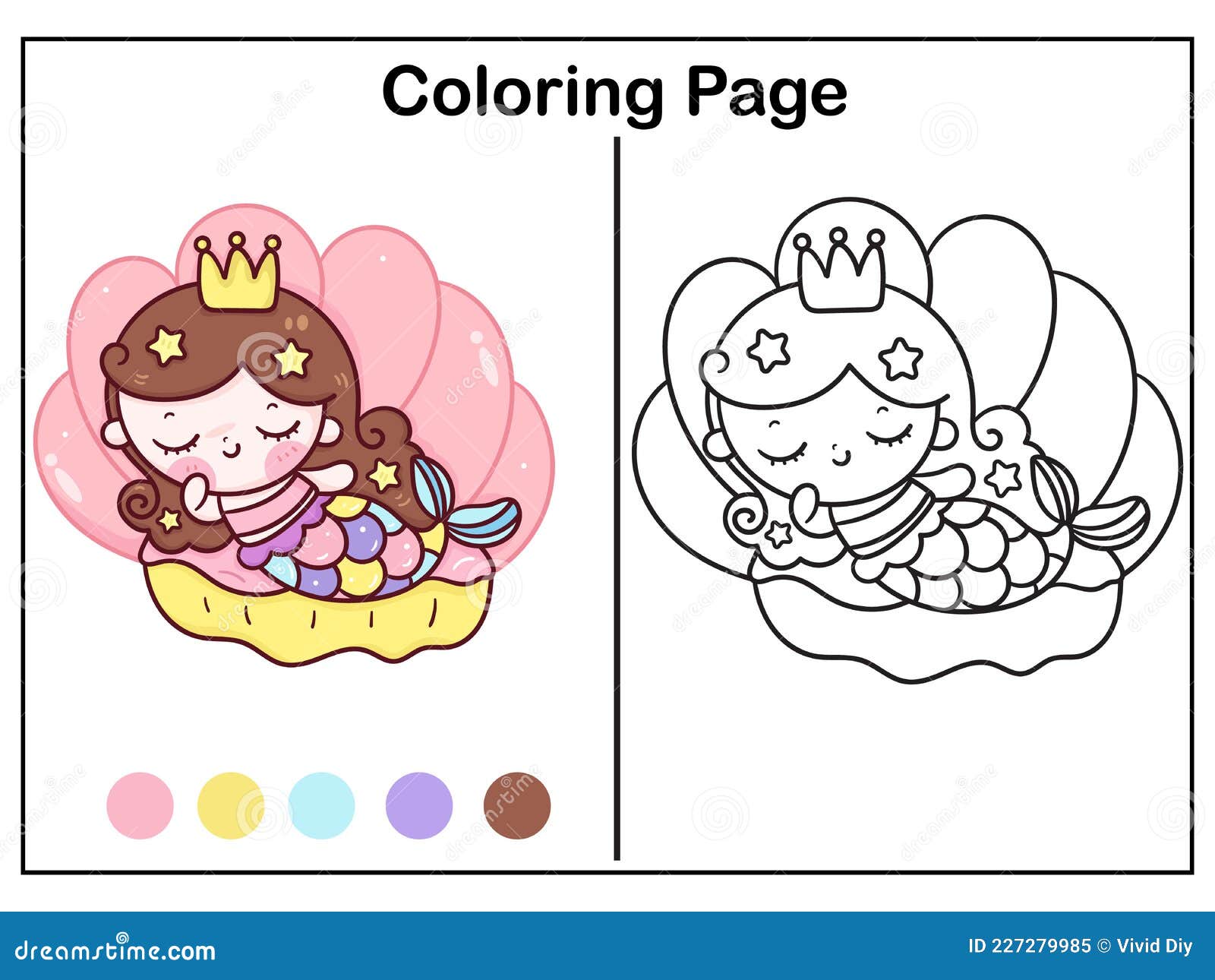 Drawing mermaid coloring page cartoon little princess sleep on shell sweet dream kawaii fish animal stock vector