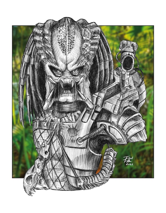 Predator drawing fine art print artwork prey alien creature pen and ink