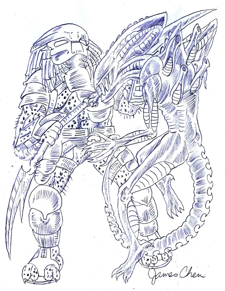 Alien vs predator original comic art pencil sketch by comic artist james chen