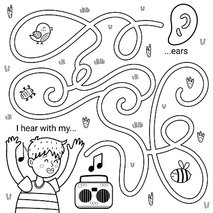 I can hear with my ears black and white maze game for kids five senses labyrinth coloring page stock illustration