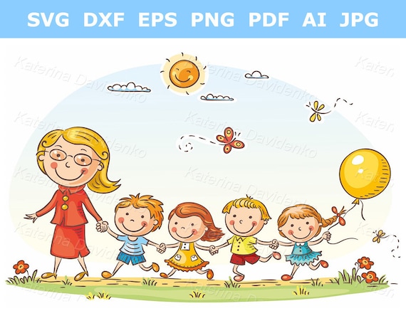 Teacher clipart kids and their teacher on a walk in the kindergarten digital download pdf svg png files