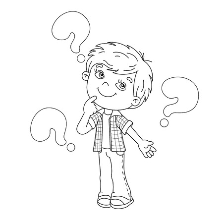 Coloring page outline of cartoon boy with the big questions