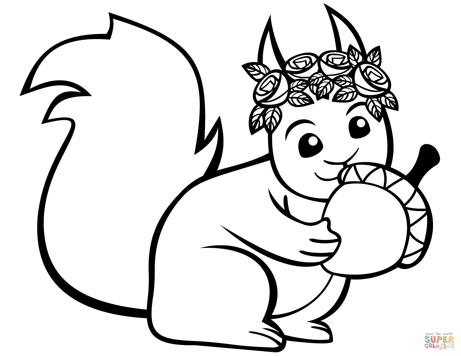 Cute squirrel with an acorn coloring page free printable coloring pages