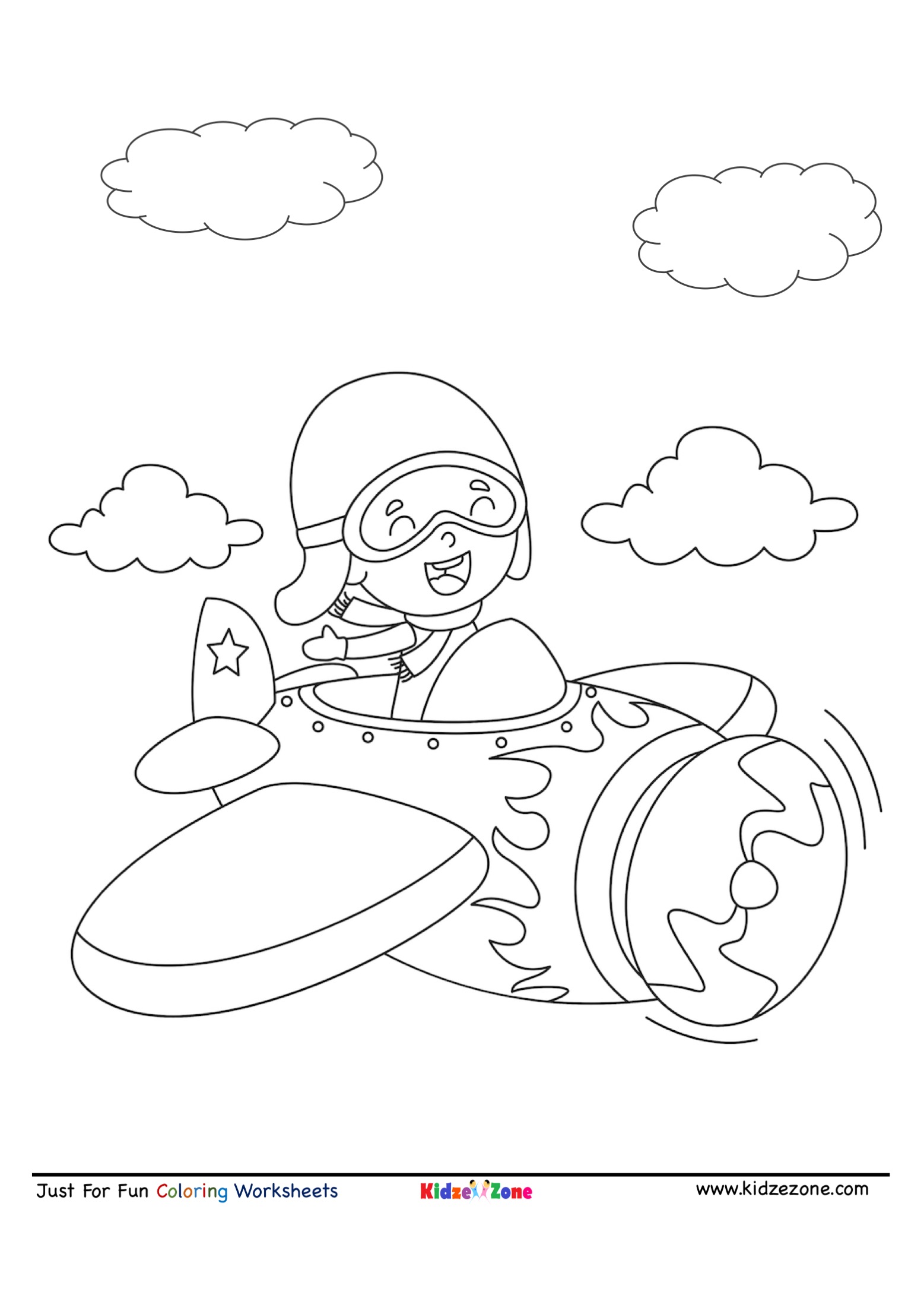 Kid flying airplane cartoon coloring page