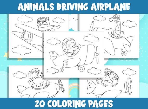 Cute animals driving airplane coloring pages for preschool and kindergarten pdf file instant download