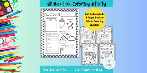 All about me coloring activity questionnaire back to school coloring pages school preschool printable instant download