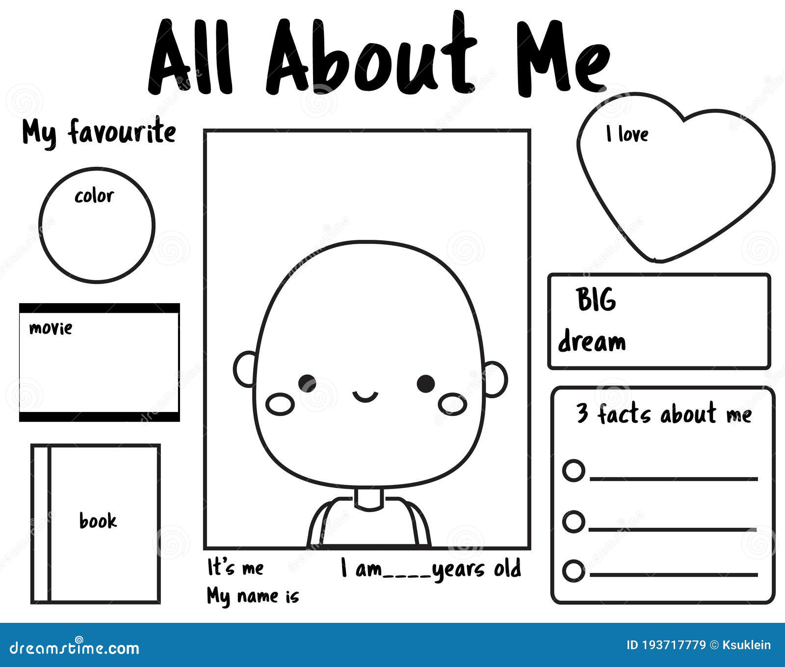 All about me printable back to school writing prompt for kids blank educational children page stock vector