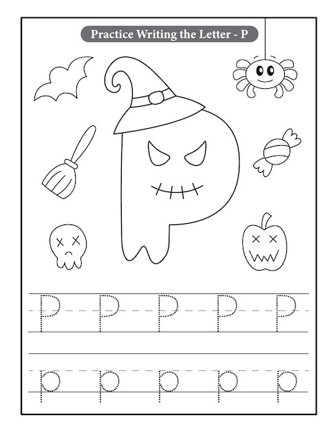 Premium vector halloween alphabet coloring pages with baby ghost