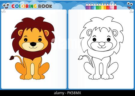 Coloring page cute lion with colorful sample printable worksheet for preschool kindergarten kids to improve basic coloring skills stock vector image art