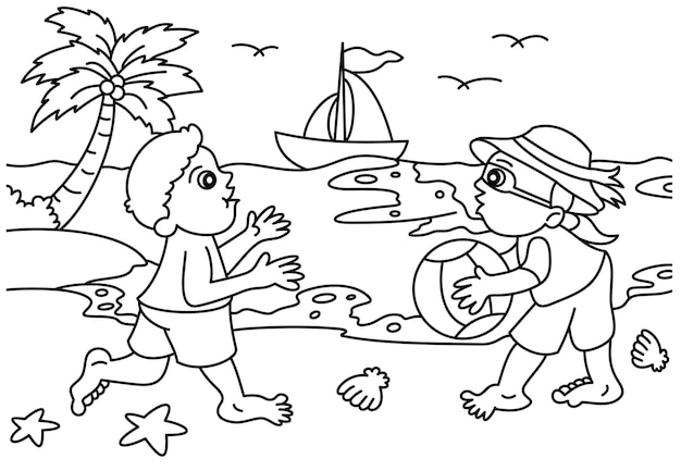 Premium vector children playing ball on the beach coloring page or book for kids