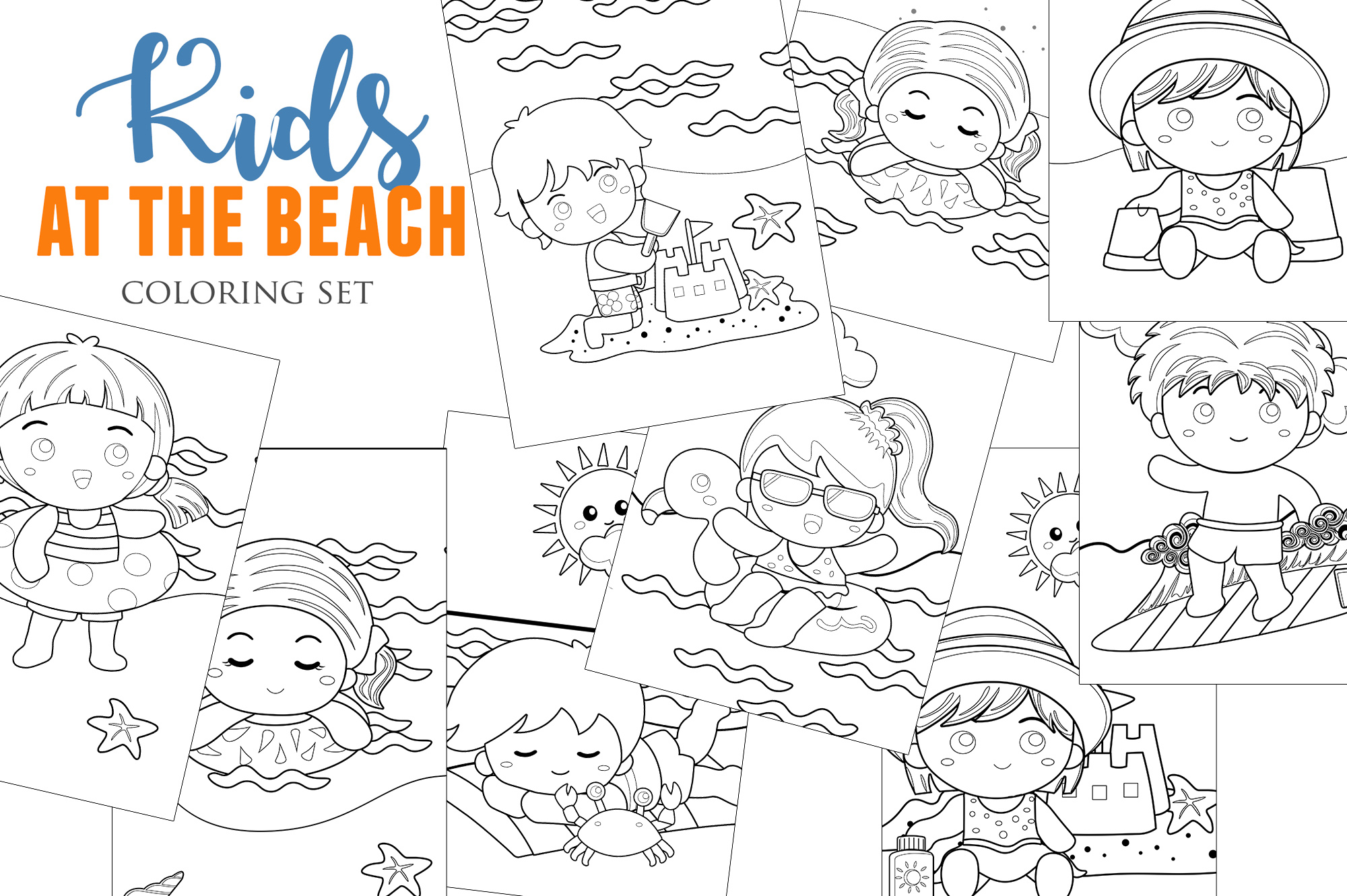 Summer kids at the beach holiday coloring pages activity for kids and adult