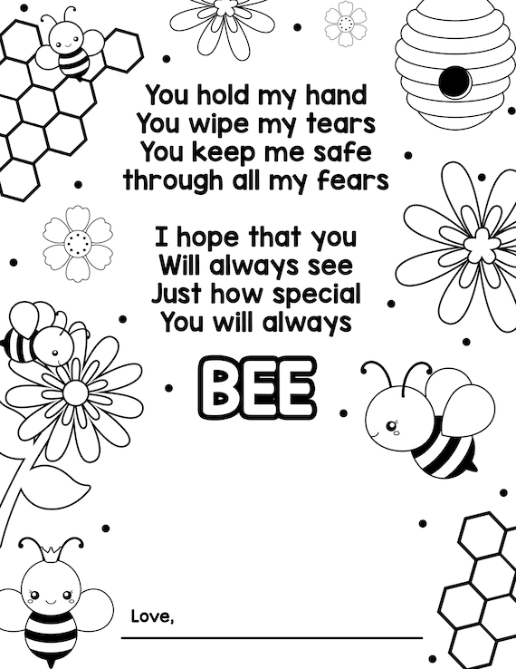 Bee coloring page special card printable mothers day fathers day birthday preschool kindergarten toddler coloring page bees