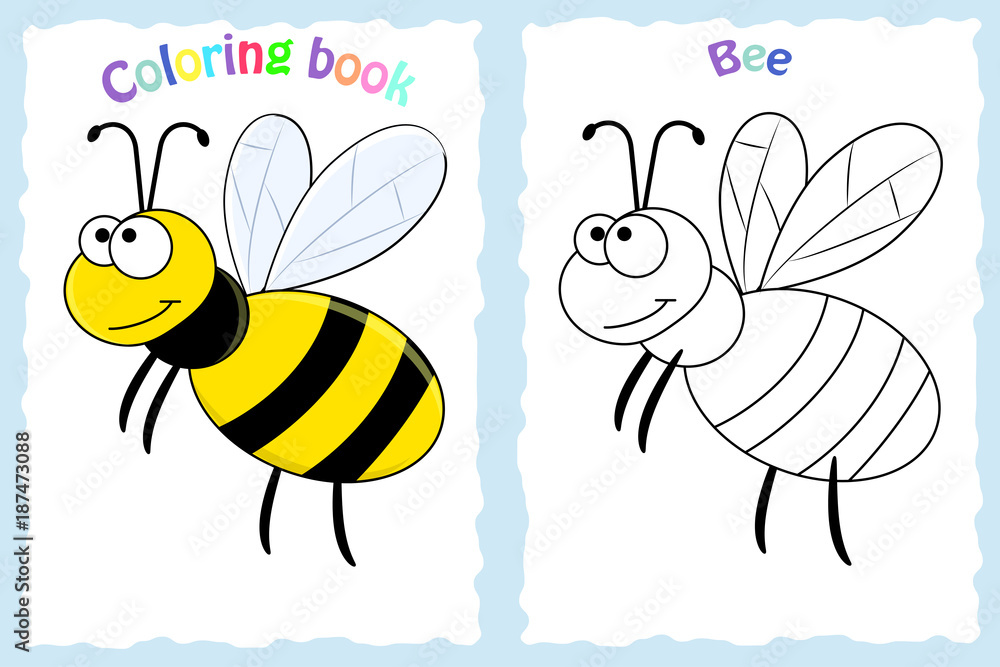 Coloring book page for preschool children with colorful bee and sketch to color vector