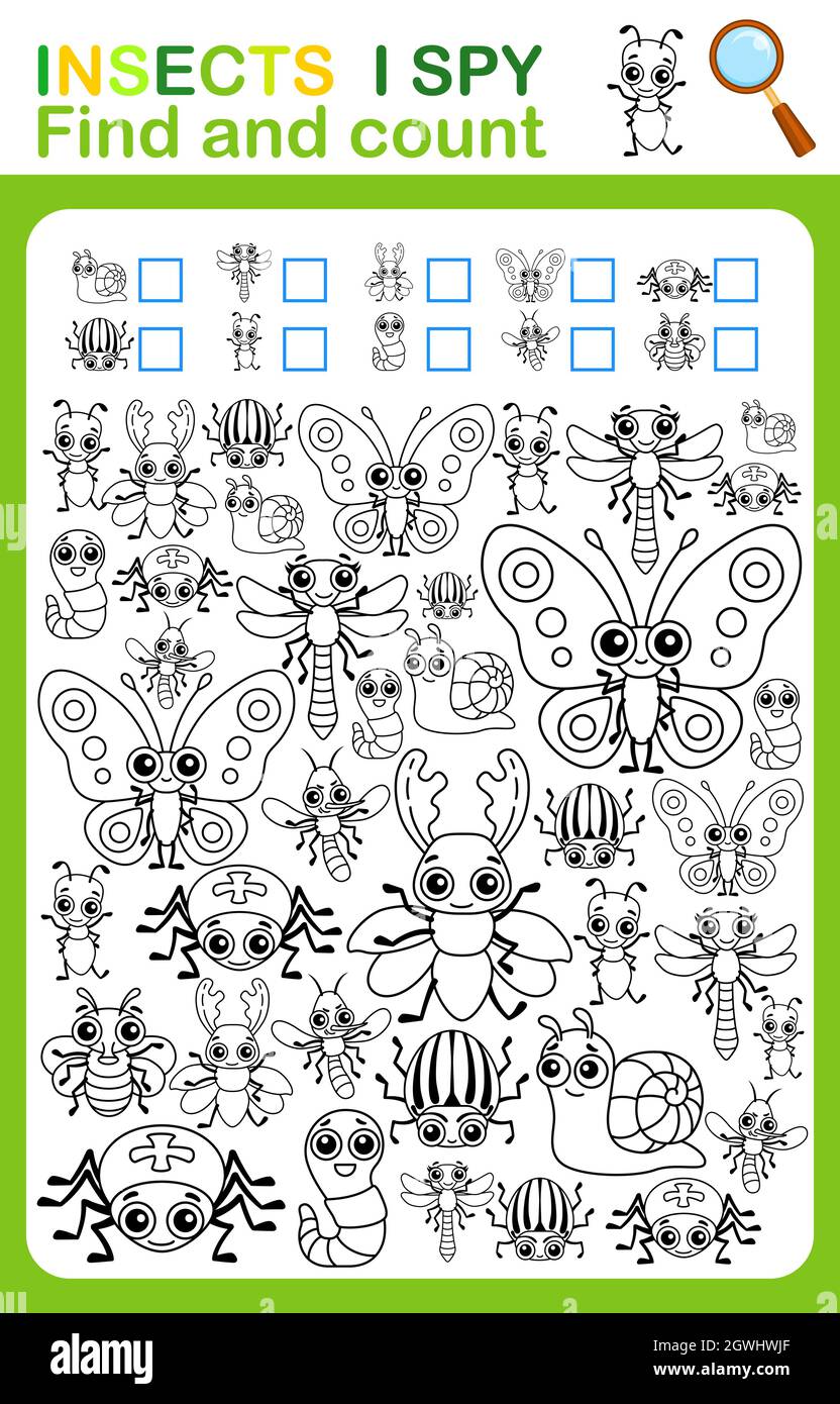 Coloring book page i spy count and color insects printable worksheet for kindergarten and preschool stock vector image art