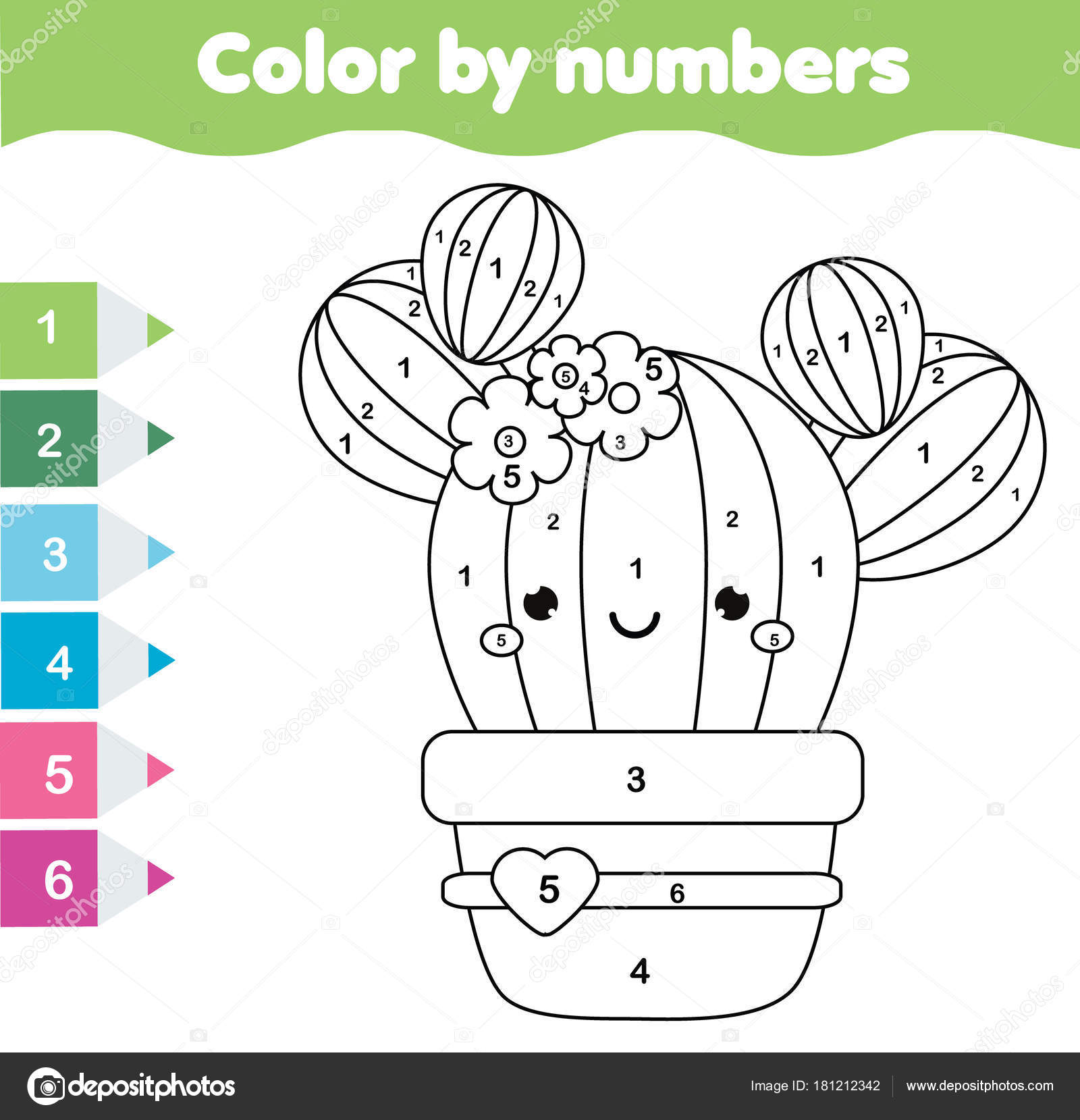 Children educational game coloring page cute cactus color numbers printable stock vector by ksuklein