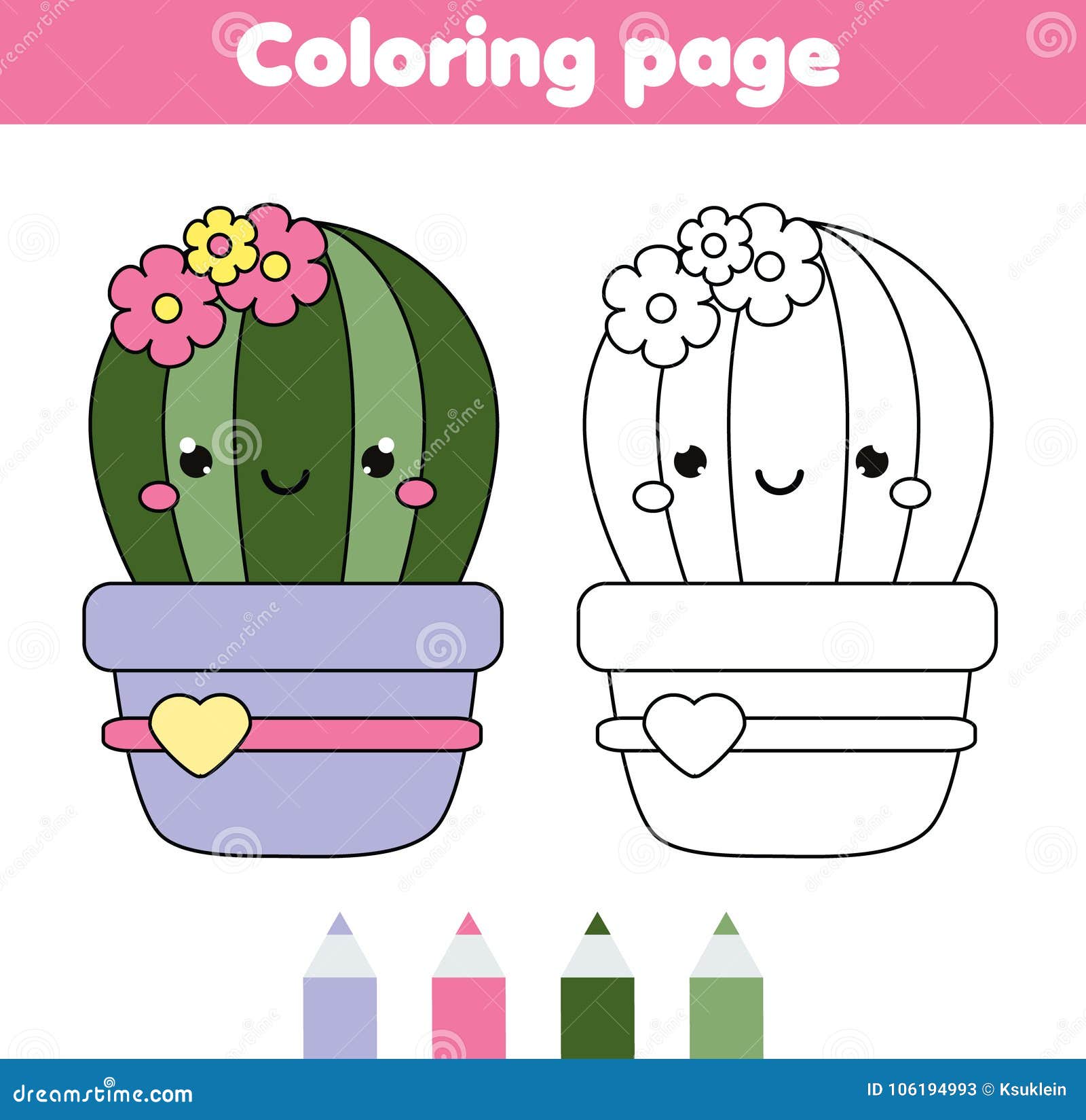 Coloring page with cute cactus drawing kids game printable activity stock vector