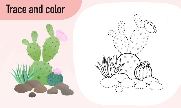 Premium vector trace and colour worksheet practicing for preschool kids cactus