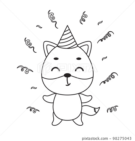 Coloring page cute little fox in birthday hat